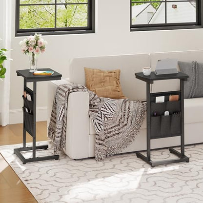HOOBRO C Shaped End Table, 28.3" Side Table for Small Spaces, Couch Table, Slide Under Sofa Tray Table, Storage Bag, for Living Room, Bedroom, Black BB40SF01 - color: Black