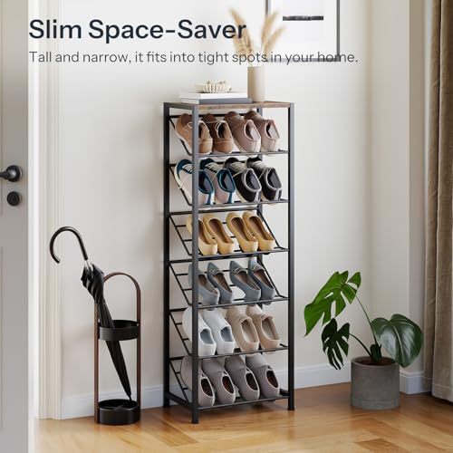 HOOBRO Narrow Shoe Rack for Small Spaces, Slanted Shoe Organizer for Entryway, Slim Angled Shoe Storage Rack for Closet, Space Saving 7 Tier Shoe Shelf Holds 6-12 Pairs, Rustic Brown BF72XJ01 - size: 7 Tier ( 45.9"H)