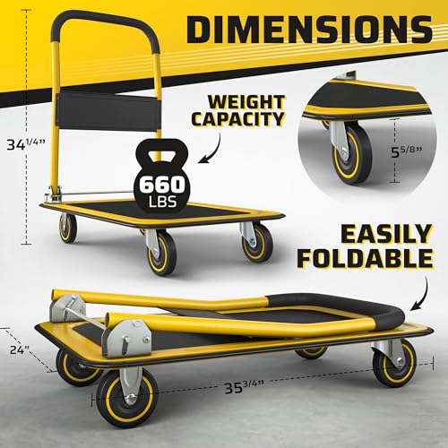 Heavy Duty Foldable Push Cart Dolly | 660 lbs. Capacity | Upgraded Collapsible Hand Truck Folding Platform with Swivel Wheels | Flat Bed Moving Wagon | Space Saving Push Handle (Yellow) - color: Yellow, 660 Lbs. Capacity
