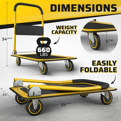 Heavy Duty Foldable Push Cart Dolly | 660 lbs. Capacity | Upgraded Collapsible Hand Truck Folding Platform with Swivel Wheels | Flat Bed Moving Wagon | Space Saving Push Handle (Yellow) - color: Yellow, 660 Lbs. Capacity
