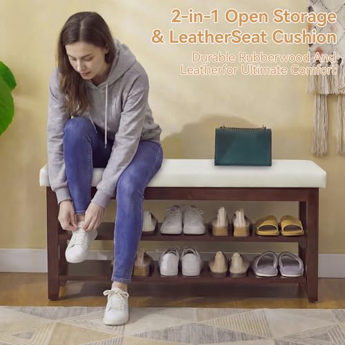 40" Faux Leather Shoe Storage Bench Entryway, Upholstered Bench with Leather Cushion, Solid Wooden 2 Tier Rack Shoe Organizer for Entry Way, Bedroom, Living Room, Beige - color: Beige