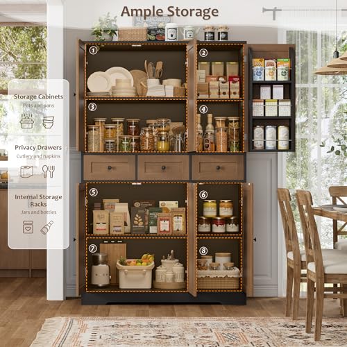 HOSTACK 67"H Farmhouse Kitchen Pantry Storage Cabinet with 3 Drawers, Brown | Large Food Pantry Cabinet with Swing-Out Door Rack & Adjustable Shelf for Kitchen, Dining room, Living room - color: Brown/Black