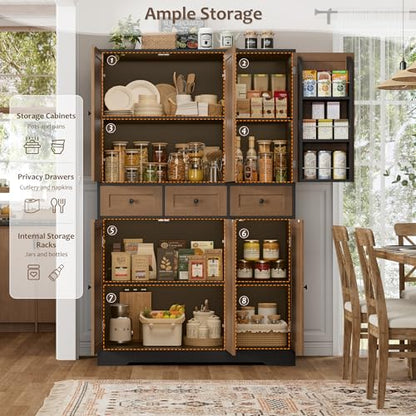 HOSTACK 67"H Farmhouse Kitchen Pantry Storage Cabinet with 3 Drawers, Brown | Large Food Pantry Cabinet with Swing-Out Door Rack & Adjustable Shelf for Kitchen, Dining room, Living room - color: Brown/Black