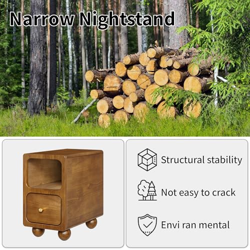 Small Narrow Nightstand with Drawers, Solid Wood Nightstand, Walnut Night Stand, Mid Century Side Table, Modern Bedside Tables for Bedroom (10 inch) - style: Narrow Nightstand