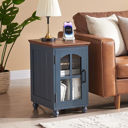 RWYHG Narrow Side Table, Farmhouse Nightstand with Charging Station | End Tables with Glass Barn Door, Cabinet Organizer with Adjustable Shelf, Night Stand for Small Spaces Living Room Bedroom - color: Blue, size: Set 1
