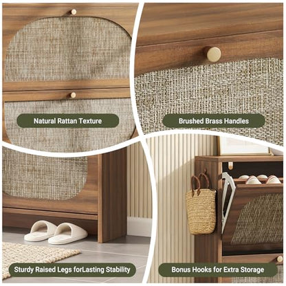 Freestanding Ultra Slim Arched Accent Entryway Shoe Storage - 4 Flip Drawers & 3-Tier Adjustable Shelves, Modern Slim Shoe Cabinet for Hallway, Foyer (flip Down Shoe Cabinet | Amber Oak) - color: Brown
