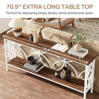 Tribesigns 70.9-Inch Narrow Sofa Table, Industrial Long Sofa Table Behind Couch, Entry Console Table with Storage for Entryway, Living Room, Foyer, Unique Design, Walnut/White - color: Walnut/White