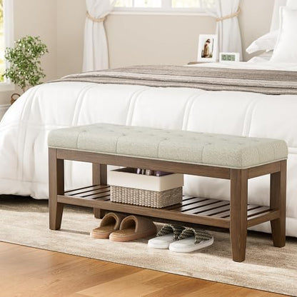 YaFiti End of Bed Storage Bench, 42.9" Entryway Shoe Bench with Solid Wood Shelf, Upholstered Ottoman with Padded Seat for Bedroom, Hallway and Living Room, Beige - color: Beige