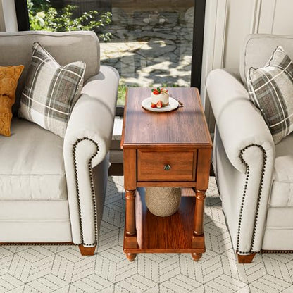 Narrow End Table with Drawer and Open Storage Shelf, Solid Wood Sofa Side Table for Living Room, Beside Table,Telephone Table for Small Spaces, No-Tools Assembly Caramel Brown BBJ004DR - color: Caramel Brown