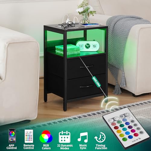Yoobure Nightstand with Charging Station, LED Night Stand with Fabric Drawers and Storage Shelf for Bedroom, Nightstands Bedside Tables with USB Ports & Outlets, Small Night Stands, Bed Side Table - color: Black