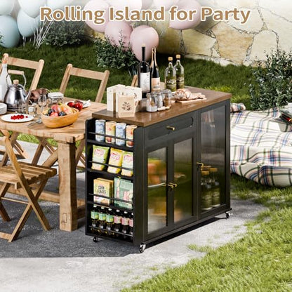 Kitchen Island with Power Outlet - Kitchen Cart on Wheels with Storage Cabinets & Drawers, Rolling Island Table with Spice & Towel Rack, Portable Islands with Large Wood Counter, Dinning Room - color: Black