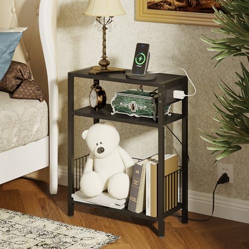 TRIFEBLE Narrow Side Table with Charging Station, Small End Table for Small Spaces, Slim Nightstand with Storage Basket, 3 Tier Skinny Bedside Table for Living Room, Bedroom, Black - color: Black, style: With Basket & Power