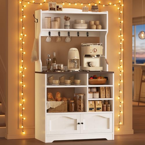Bakers Rack with Storage and Power Outlet, 31.5 inch Farmhouse Coffee Bar Cabinet, Microwave Stand with Storage Cabinet, 7 Hooks and Curved Design for Kitchen, Coffee Bar, Walnut, White - size: 31.5 in Countertop