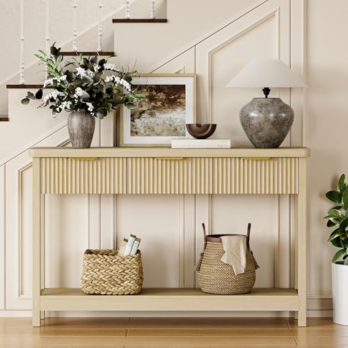 Fluted Console Table, 51 Inch Entryway Table with 3 Drawers | Scandi farmhouse look with quiet full-extension slides, open lower shelf, profile for hallway, entry, foyer or behind sofa. - color: Natural