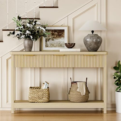 Fluted Console Table, 51 Inch Entryway Table with 3 Drawers | Scandi farmhouse look with quiet full-extension slides, open lower shelf, profile for hallway, entry, foyer or behind sofa. - color: Natural