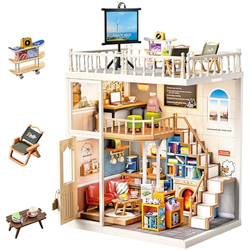 2-Story Loft Book Cafe & Study Room Kit, DIY Miniature House for Adults with Reading Area Coffee Bar Study Desk Projector Balcony, Collectible Plastic Library Model, Home Decor Gift for Women - color: Book Cafe & Study Loft, size: Large