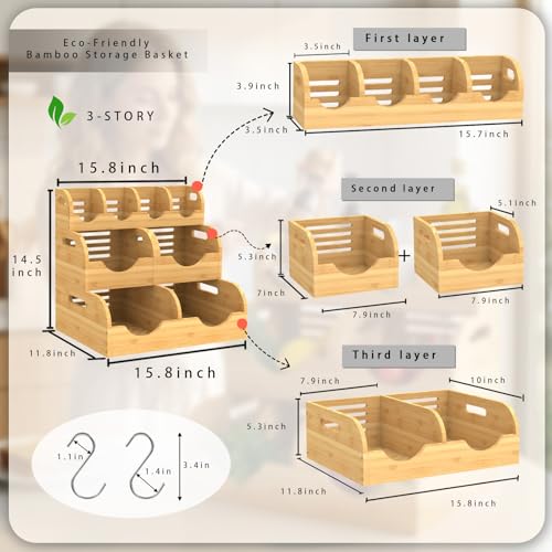 Upgraded 3 Tier Bamboo Pantry Storage Bins,Large potato storage | With 2 Banana Hangers,Stackable Potato and Onion Storage Bin with Airflow Vent,Vegetable Storage,for Kitchen Countertop