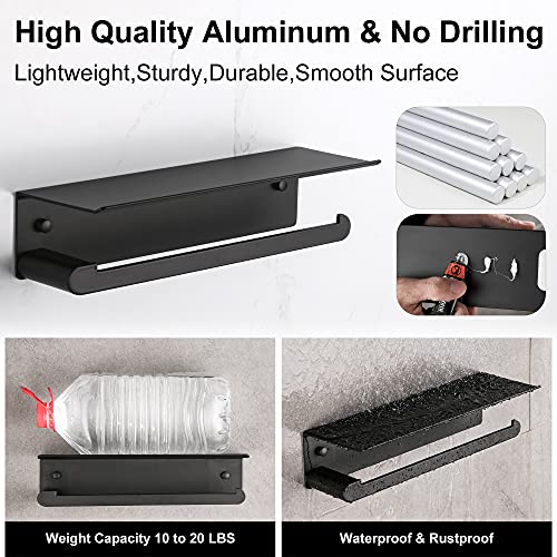 DUFU Paper Towel Holder Wall Mount for Kitchen, Black | Self-Adhesive Paper Towel Holder with Shelf for Bathroom, Anti-Rust Aluminum, No Drill or Wall-Mounted with Screws - color: Black