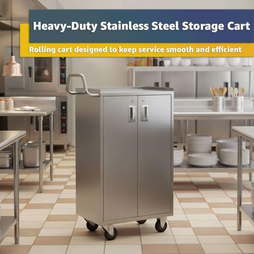 16" x 24" Five Shelf Stainless Steel Utility Cart with Enclosed Base and Locking Doors - 18-Gauge 304 Commercial Heavy-Duty Service Cart - NSF Mobile Storage Cart for Kitchen, Catering, Restaurant - size: 5 Shelf