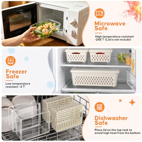 Fruit Storage Containers for Fridge, 4 Pack Plastic Food Storage Container | Fruit Containers Set with Removable Colander, Produce Saver Keep Berry Fruits Vegetables Meet Fresh Longer, Dishwasher Safe