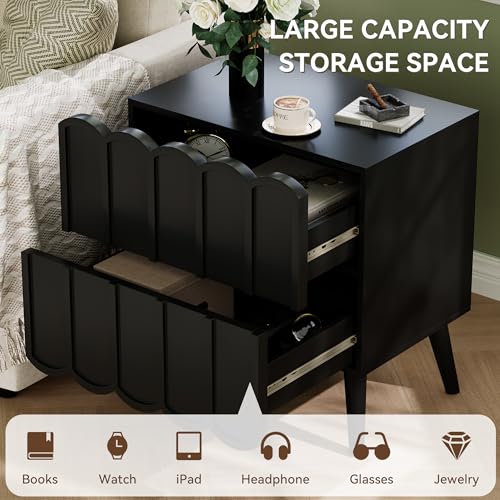 Modern Set of 2 Fluted Nightstand for Bedroom, Black Wood Bedside Table | End Side Table with Arch Curved Design, Night Stand with 2 Drawer - color: Black, size: 2 Pack