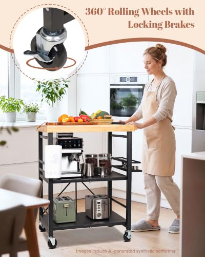 Mythinglogic Foldable Kitchen Cart with Wheels, Rolling Kitchen Island with Wood Top, 3-Tier Microwave Stand Coffee Bar Cart with Side Storage Rack, Black - size: 21.89"D x 29.33"W x 36.81"H