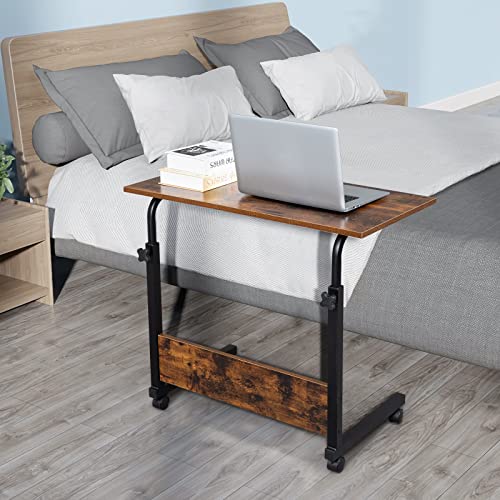 Karl home Mobile Side Table 31.5 Inch Computer Desk with Wheels Height Adjustable Rolling Potable Laptop Cart, C-Shaped Bed Couch End Tables with Edge Stopper for Livingroom Bedroom, Rustic Brown - color: Rustic Brown, size: 31.5"+No Power Sockets