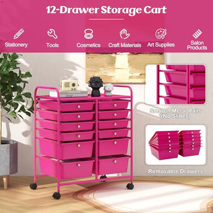 Moccha 12-Drawer Rolling Storage Cart - Utility Cart on Wheels with Lockable Casters for Craft Art Supply Paper Salon, Mobile Drawer Carts for Classroom Teacher School Office (Hot Pink) - color: Hot Pink, style: 12 Drawers