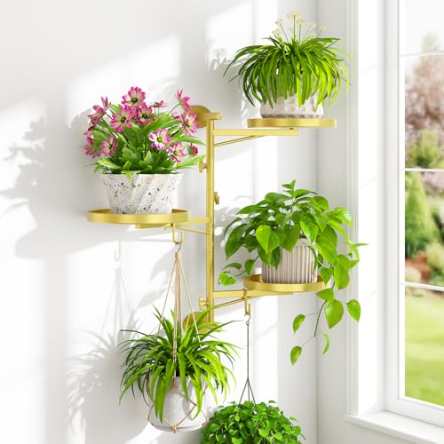 iDavosic.ly Wall Plant Holder, Rotating Floating Window Shelf, 3-Tier Gold | Metal Flower Hanger Display Stand with 2 Hooks, Space Saving Corner Mounted Planters Rack for Living Room Office Modern Decor - color: Shimmer Gold, size: 1 Pack