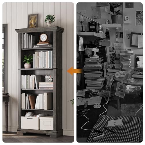 5-Tier Farmhouse Bookshelf, 61.1 inch Tall Bookcase with Storage & Unique Design & One Adjustable Shelf, Wooden Bookshelf for Study Room, Living Room, Home Office, Bedroom (Black) - color: Black