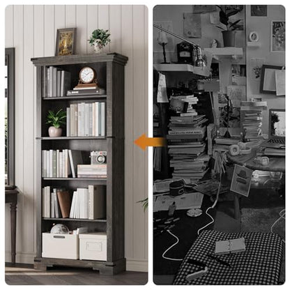 5-Tier Farmhouse Bookshelf, 61.1 inch Tall Bookcase with Storage & Unique Design & One Adjustable Shelf, Wooden Bookshelf for Study Room, Living Room, Home Office, Bedroom (Black) - color: Black