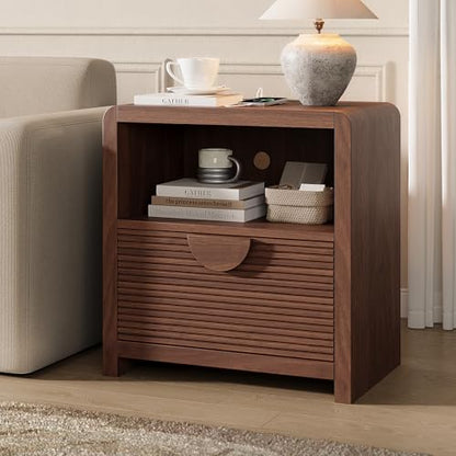 Fluted Nightstand with Charging Station, 23" Wide Wood Bedside Table with Drawer and Open Compartment, Mid Century End Table for Bedroom, Home Office, Walnut - color: Walnut, size: 1 pc