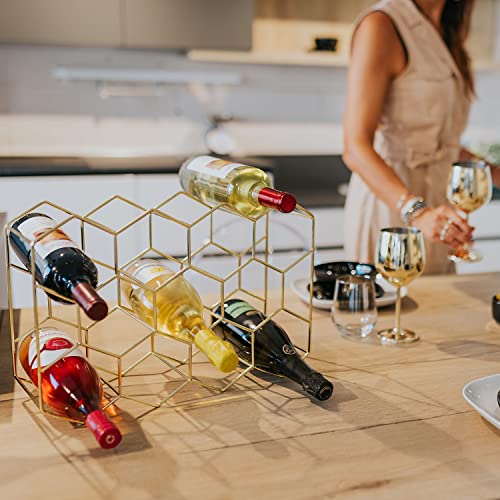 Gusto Nostro Countertop Wine Rack - 14 Bottle Freestanding Modern Gold Metal Small Wine Rack - 3 Tier Tabletop Wine Holder Stand for Cabinet, Pantry, Wine Bottle Storage - No Assembly Required - color: Gold
