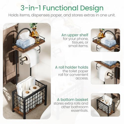 Toilet Paper Holder Stand, Freestanding Toilet Paper Holder with Shelf & Basket, Bathroom Tissue Organizer for Small Space, 3-Tier Storage for Bath Toilet Office Rustic Brown and Black TTS70BF