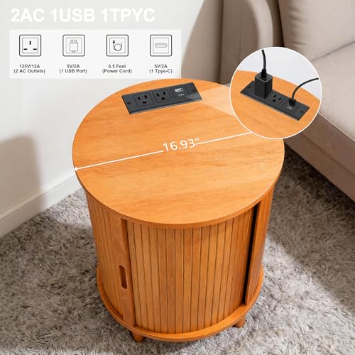 DHH Round End Table with Storage & Charging Station, Fluted Accent Side Table with Sliding Door & Adjustable Shelf, Mid-Century Nightstand for Small Spaces, Living Room, Bedroom (1, Yellow Walnut) - color: Yellow Walnut