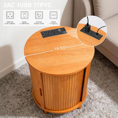 DHH Round End Table with Storage & Charging Station, Fluted Accent Side Table with Sliding Door & Adjustable Shelf, Mid-Century Nightstand for Small Spaces, Living Room, Bedroom (1, Yellow Walnut) - color: Yellow Walnut