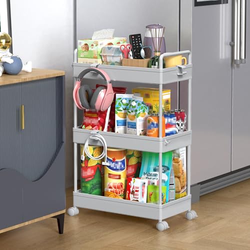 SOLEJAZZ 3 Tier Slim Rolling Storage Cart Organizer with Wheels, Gray | Utility cart for bathroom, laundry, bedside, dorm&narrow spaces. Fits craft, nail, makeup, snack, art, diaper&baby essentials - color: Grey, size: 3-Tier, 8.66"D