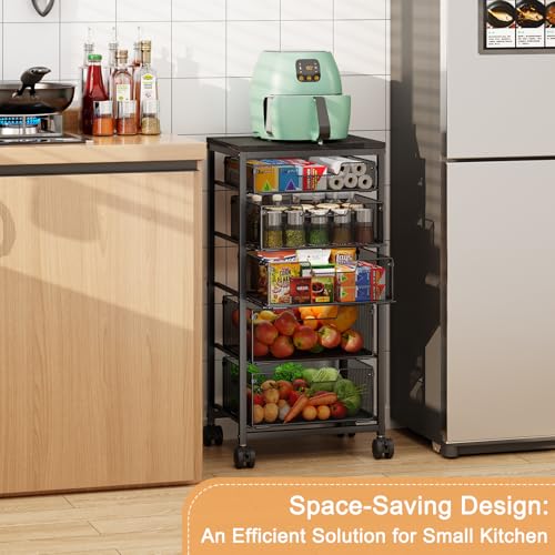 Kitchen Storage Cart with Drawer, 5-Tier Fruit Vegetable Storage Cart, Kitchen Organizer and Storage Cart with Wheels, Wooden Top Metal Wire Pantry Storage Cart rack for Fruit Snack Onion Potato - size: 5-Tier Black