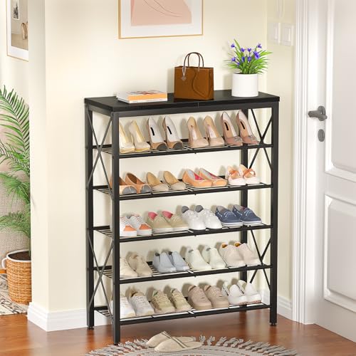 6-Tier Shoe Rack, Metal Shoe Stand with Wooden Top & 4 X Frames, Holds up to 24 Pairs, Sturdy Shoe Shelf for Entryway Closet Garage, Black - color: Black, size: 27.8"L x 10.8"W x 39.2"H