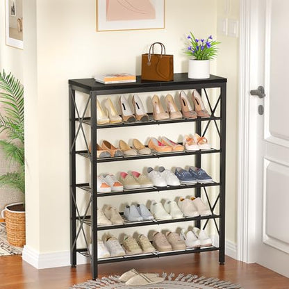 6-Tier Shoe Rack, Metal Shoe Stand with Wooden Top & 4 X Frames, Holds up to 24 Pairs, Sturdy Shoe Shelf for Entryway Closet Garage, Black - color: Black, size: 27.8"L x 10.8"W x 39.2"H