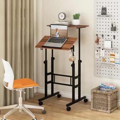 Tangkula Mobile Standing Desk, Height-Adjustable Laptop Podium Cart with Tilting Tabletop & Adjustable Angle, Rolling Stand Up Computer Desk with 2 Hanging Hooks & Lockable Casters for Home Office - color: Brown