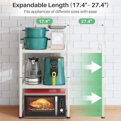 Microwave Stand, 3-Tier Expandable(17.4"-27.4") Microwave Oven Rack, Heavy Duty Adjustable Shelf with 9 hooks, Kitchen Organizer Storage Shelves for Pantry, Countertop, Coffee Bar, Office, Dorm, White - style: 3 Tier-White