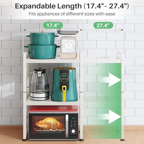 Microwave Stand, 3-Tier Expandable(17.4"-27.4") Microwave Oven Rack, Heavy Duty Adjustable Shelf with 9 hooks, Kitchen Organizer Storage Shelves for Pantry, Countertop, Coffee Bar, Office, Dorm, White - style: 3 Tier-White