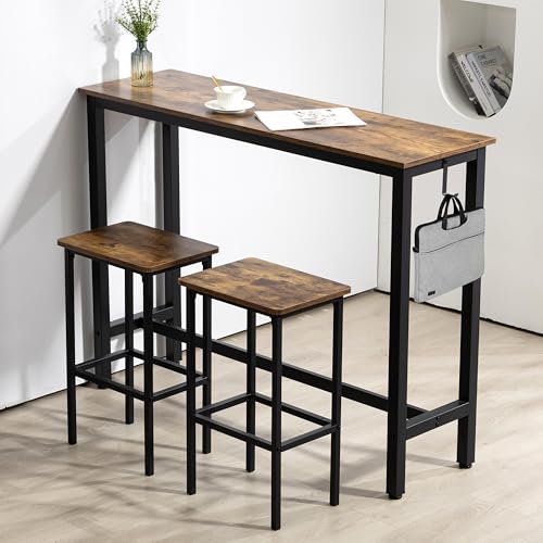 Finnhomy 52.7" Industrial Bar Table Set with 2 Stools - Counter Height Dining & Pub Table for Small Spaces, Kitchen, Apartment, Breakfast Nook - Metal & Wood, Space-Saving Furniture - Rustic Brown - color: Rustic Brown, size: 52.7" Bar Table