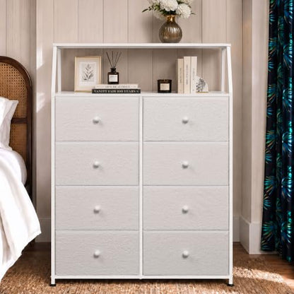 WLIVE White Fabric Dresser for Bedroom, 8 Drawer Tall Chest of Drawers | Premium Bouclé Fabric Dresser, Storage Tower with Open Shelf,Easy Assembly Dresser - color: Cream White, style: Raised Shelves
