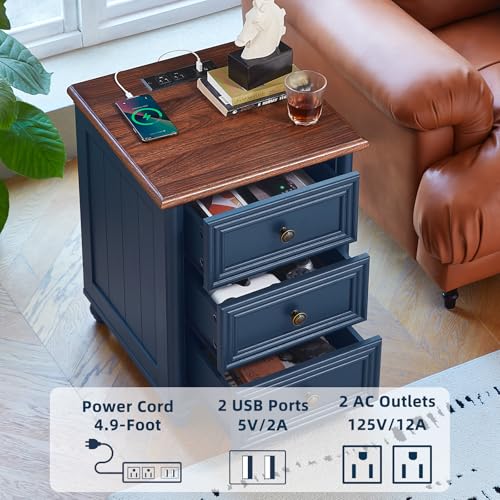 RWYHG 18" Night Stand with Charger Station, Nightstand with 3 Drawers | Farmhouse Modern Bedside Table, Metal Handle, Roman Column Legs, Blue Bed Side End Tables for Bedroom Living Room - color: Navy Blue, size: 18"D x 18"W x 24"H (3 Drawers)