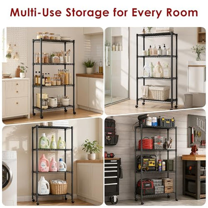 Simple Deluxe 4-Tier Heavy Duty Adjustable Storage Shelf with Wheels, 23.23”W x 17.63”D x 47.24”H, Wide Mobile Metal Shelving Unit, Easy Assembly for Living Room, Office,Black - size: 4-Tier, 23.23”W x 17.63”D x 47.24”H, style: 1 Pack