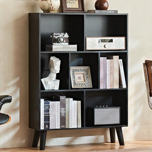 LEYAOYAO Cube Bookshelf, Mid-Century Modern Book Shelf with Legs, Black | 3 Tier Bookcase, Rustic Wood Bookshelves Freestanding Small Storage Organizer, Open Shelves for Bedroom, Living Room, Office - color: Black, size: 7 Cube with Legs
