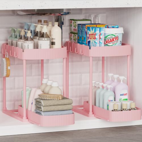 Ukeetap 2 Pack Multi-Purpose Pull-Out Storage Organizers, Under Sink Organizers and Storage for Bathroom & Kitchen, Under Cabinet Organizers and storage, 14.8 Inch, Pink - color: Pink, size: 14.8 Inch