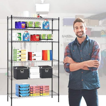 Meet perfect 6-Tier Wire Shelving Unit, 72" H x 42" W x 16" D Heavy Duty Metal Storage Shelves, 1500LBS Total Weight Capacity Adjustable Standing Shelf Rack with Leveling Feet - color: Black, size: 6-Tier, 72"H × 42"W × 16"D